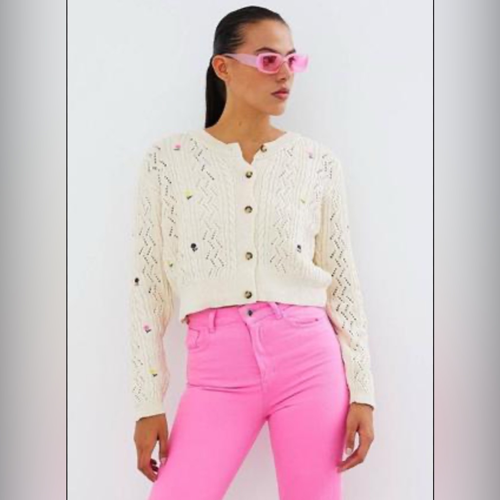 Zara Cream Chunky Knit Cropped Cardigan, S